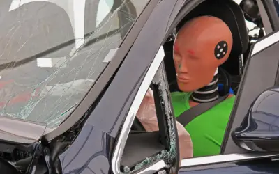 A person in a crash suit sitting inside of a car.